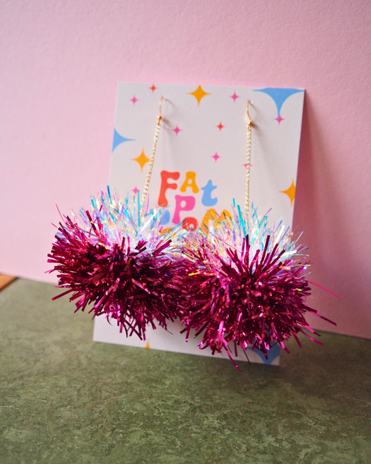 Iridescent & Pink Tinsel Earrings