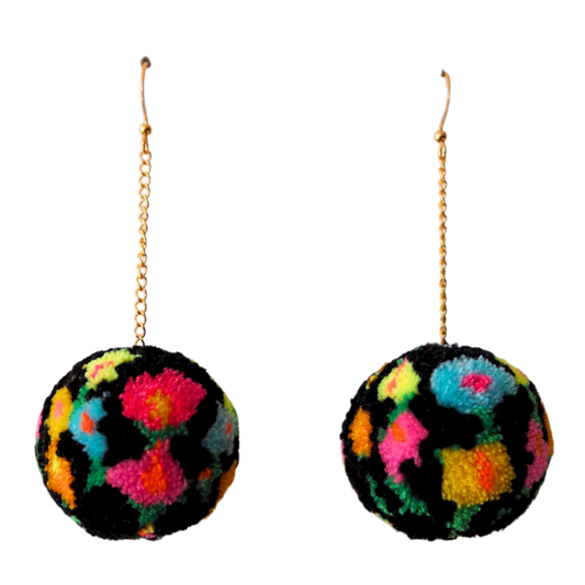 Black Floral Meadow Pom Pom Earrings