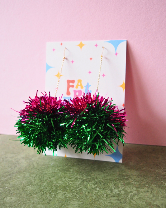 Pink & Green Tinsel Earrings