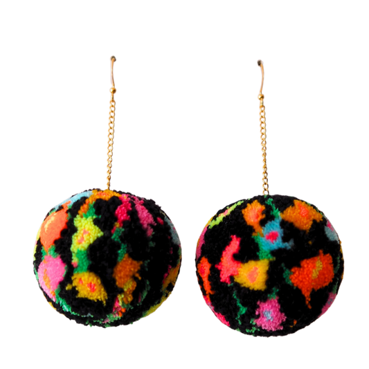 Black Floral Meadow Pom Pom Earrings