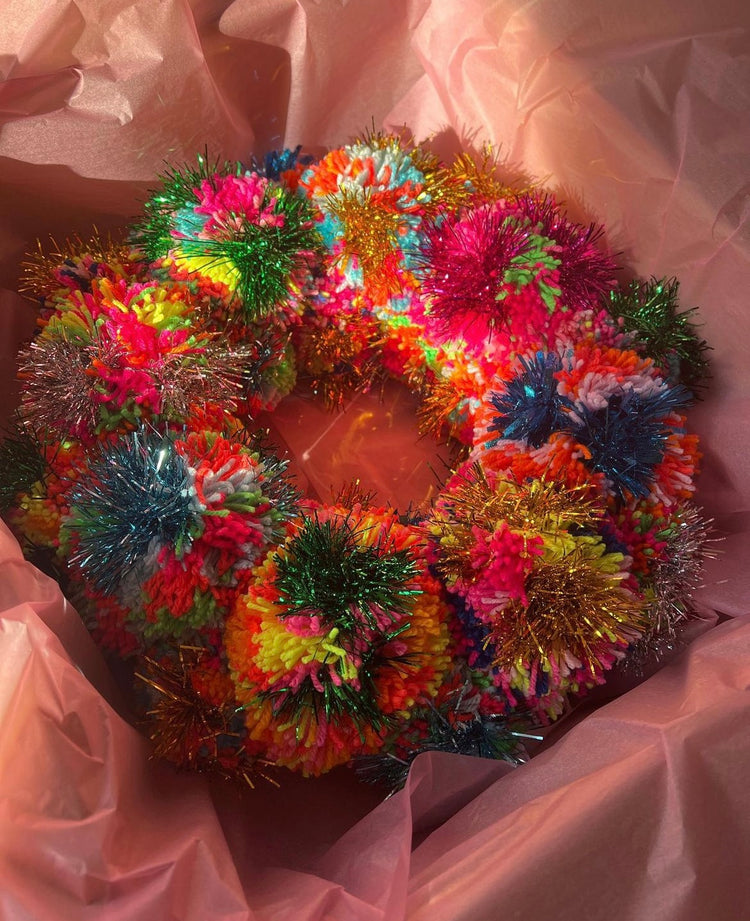 Rainbow Pom Pom Tinsel Wreath