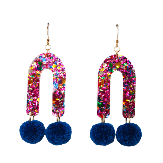 Pendientes con pompones en forma de arcoíris: pompones azul real