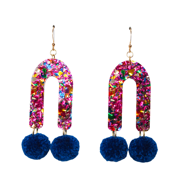 Rainbow Arch Pom Pom Earrings - Royal Blue Pom Poms  1 PAIR READY TO SHIP