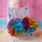Blue Gold & Pink Christmas tinsel earrings