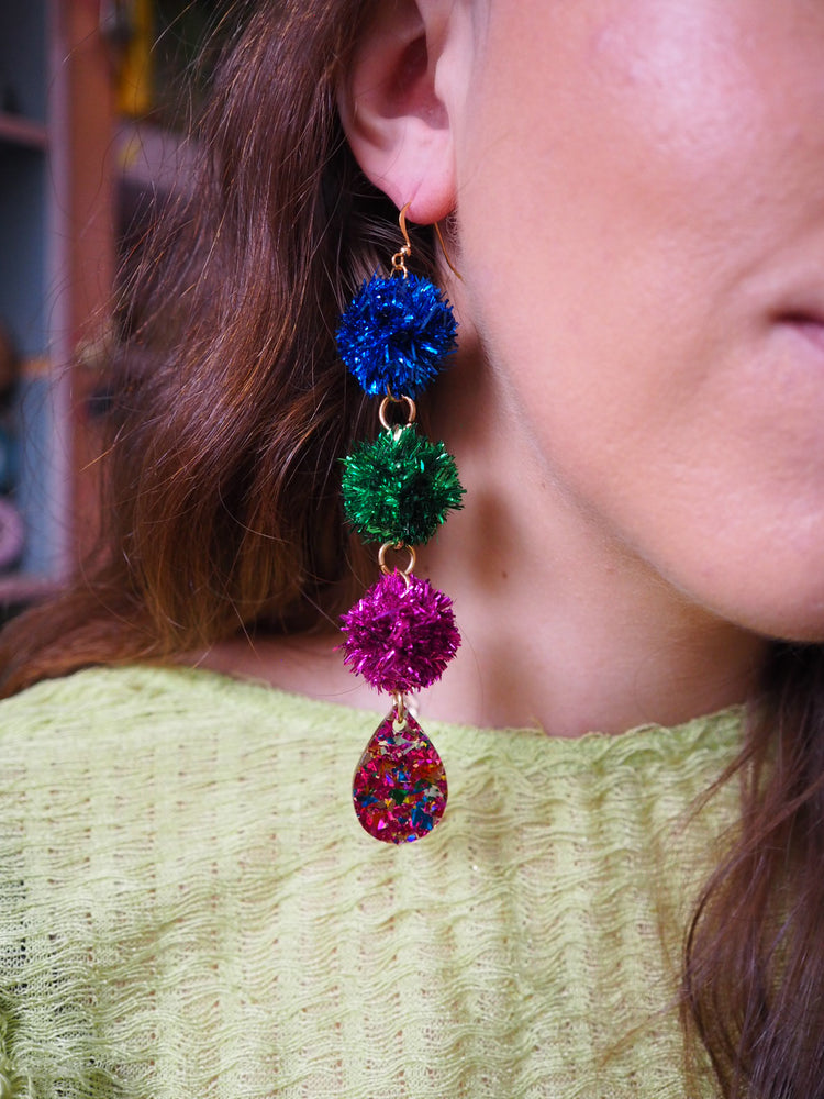 Statement Tinsel Dangle Earrings - Blue, Green & Pink