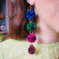 Statement Tinsel Dangle Earrings - Blue, Green & Pink