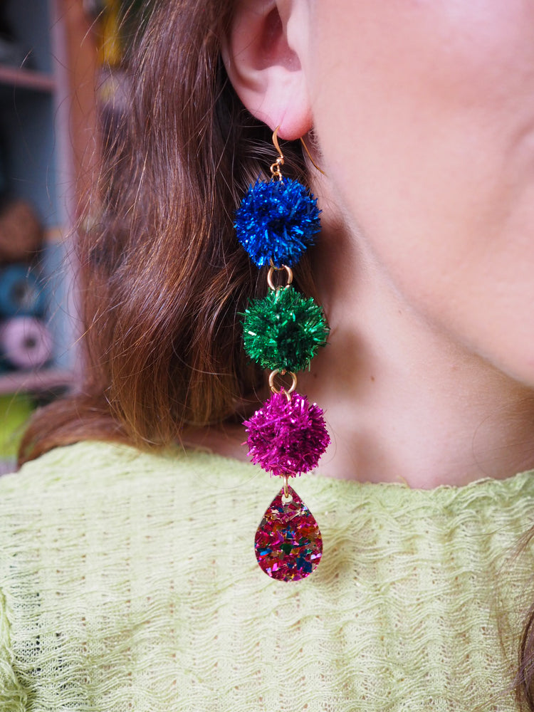 Statement Tinsel Dangle Earrings - Blue, Green & Pink