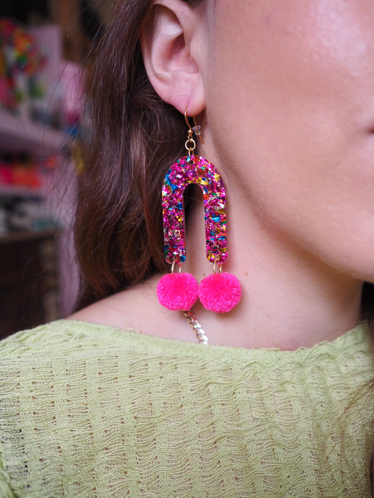 Rainbow Arch Pom Pom Earrings - Neon Pink Pom Poms - 1 READY TO SHIP