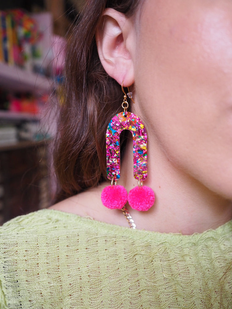 Rainbow Arch Pom Pom Earrings - Neon Pink Pom Poms - 1 READY TO SHIP