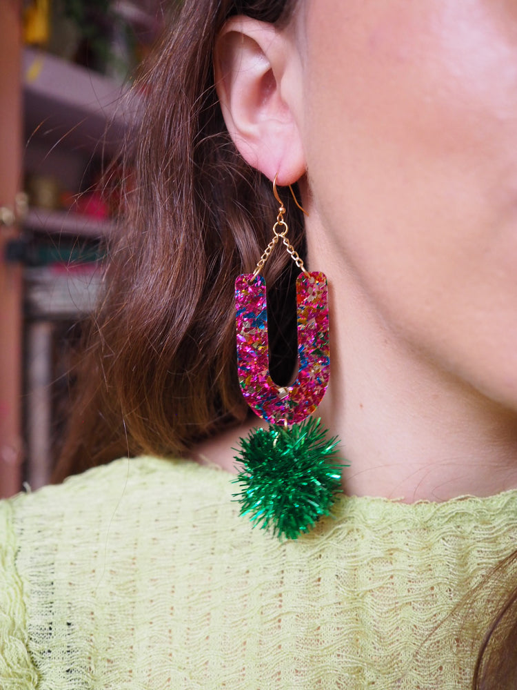 Rainbow Arch Tinsel Earrings - Green Tinsel  - 1 READY TO SHIP