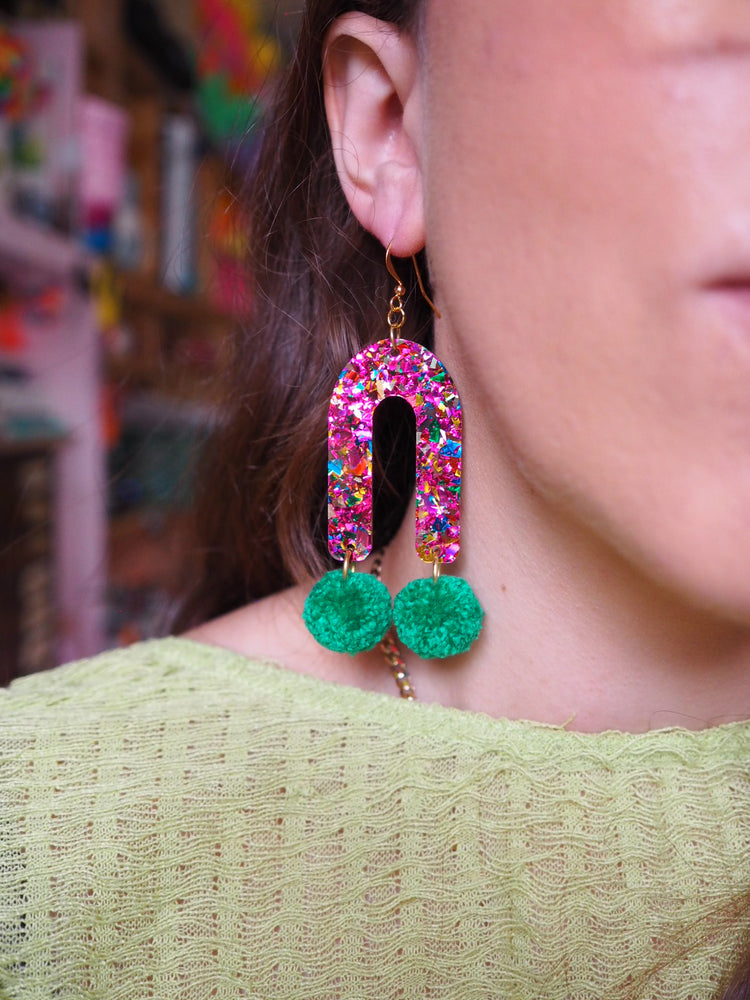 Rainbow Arch Pom Pom Earrings - Forest Green Pom Poms  - 1 READY TO SHIP