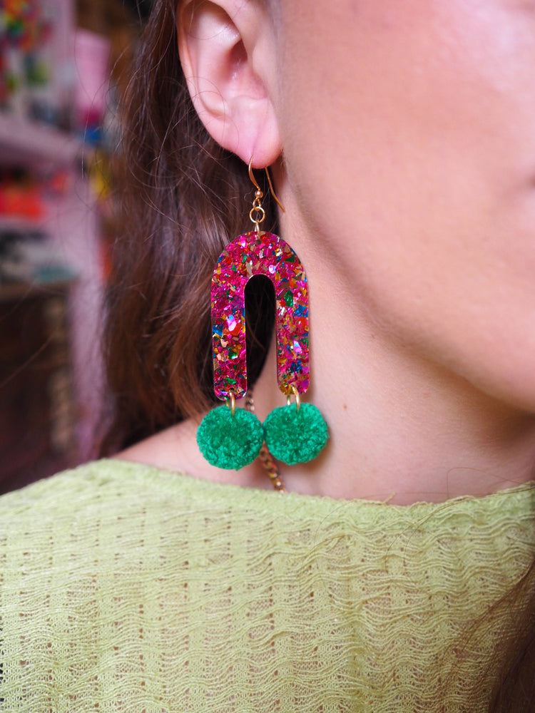 Rainbow Arch Pom Pom Earrings - Forest Green Pom Poms  - 1 READY TO SHIP