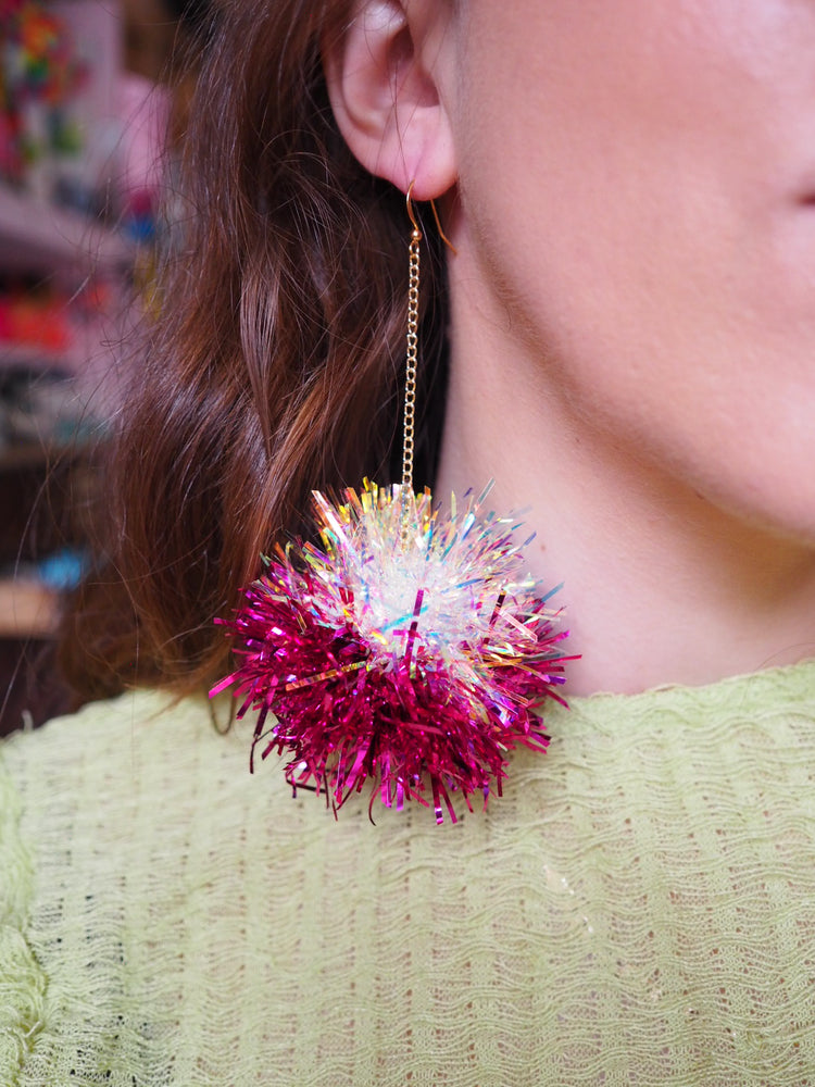 Iridescent & Pink Tinsel Earrings - 1 READY TO SHIP