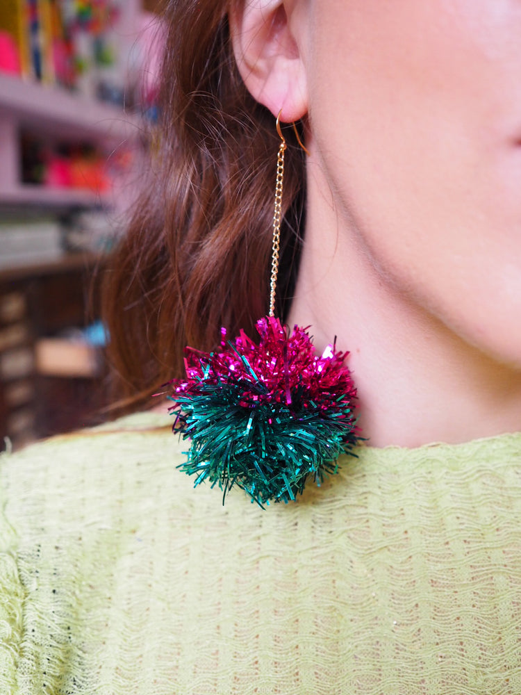 Pink & Teal Tinsel Earrings  - 1 READY TO SHIP