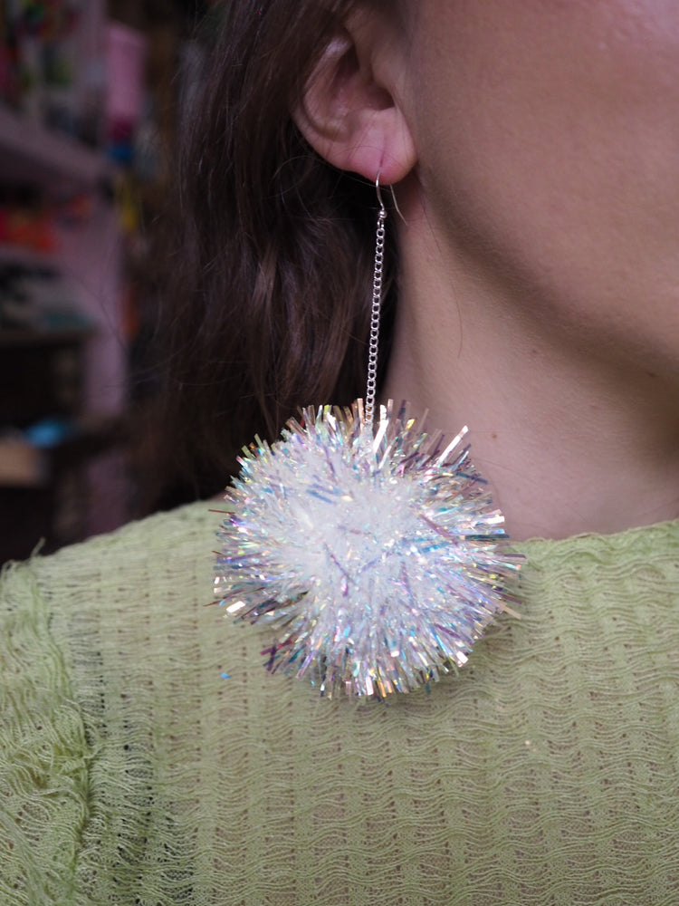 Iridescent Tinsel Pom Pom Earrings