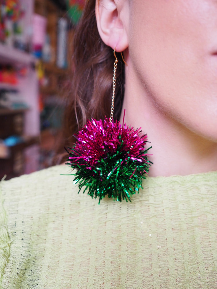 Pink & Green Tinsel Earrings - 1 READY TO SHIP