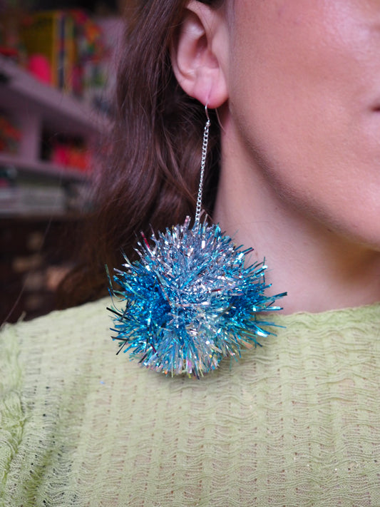 Blue, Silver & Iridescent Tinsel Pom Pom Earrings