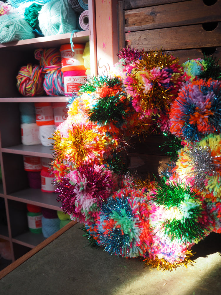 Rainbow Pom Pom Tinsel Wreath