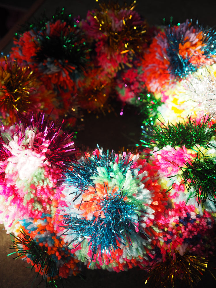 Rainbow Pom Pom Tinsel Wreath