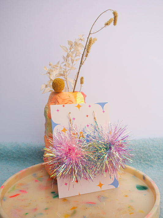 Pink, Blue & Purple Tinsel Pom Pom Earrings