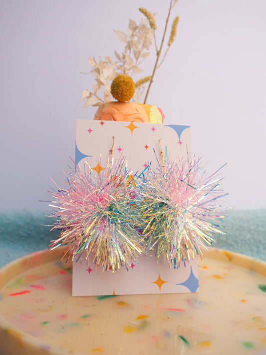 Pink, Blue & Iridescent Tinsel Pom Pom Earrings