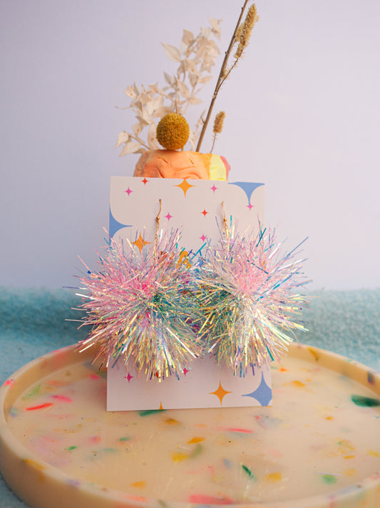 Pink, Blue & Iridescent Tinsel Pom Pom Earrings