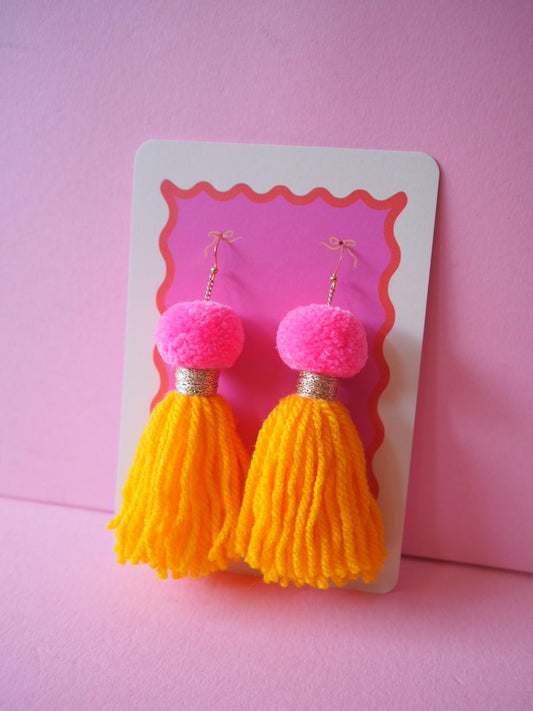 Pom Pom Tassel Earrings Sample Sale - Candy Pink & Sunflower Yellow