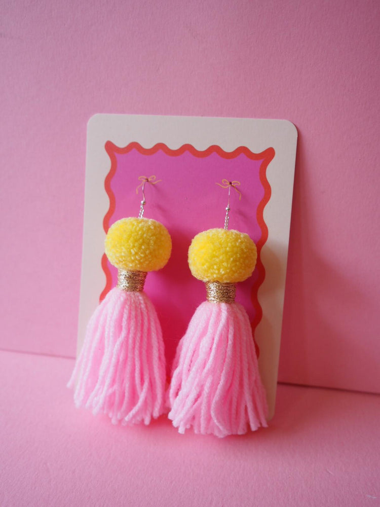 Pom Pom Tassel Earrings Sample Sale - Baby Yellow & Pastel Pink