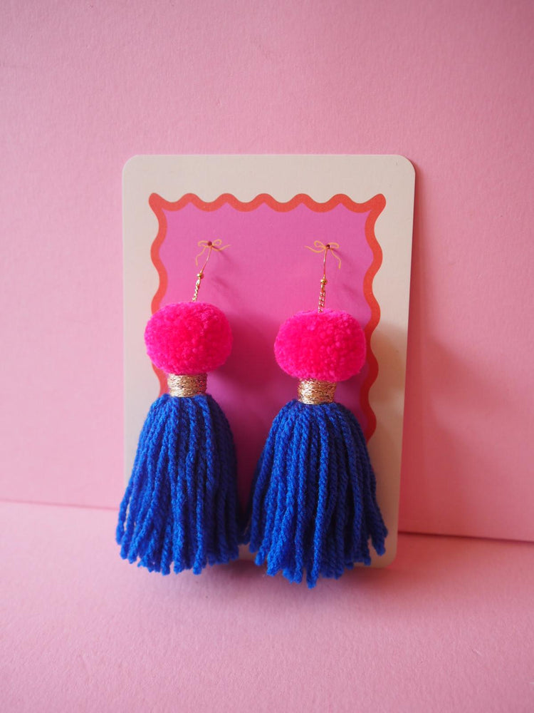 Pom Pom Tassel Earrings Sample Sale - Pink & Royal Blue