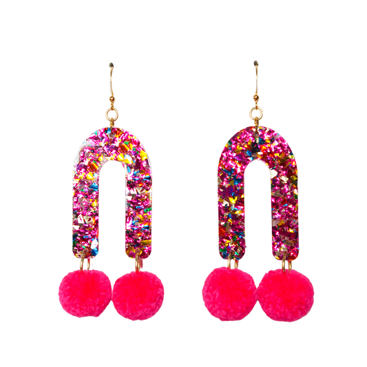 Rainbow Arch Pom Pom Earrings - Neon Pink Pom Poms - 1 READY TO SHIP