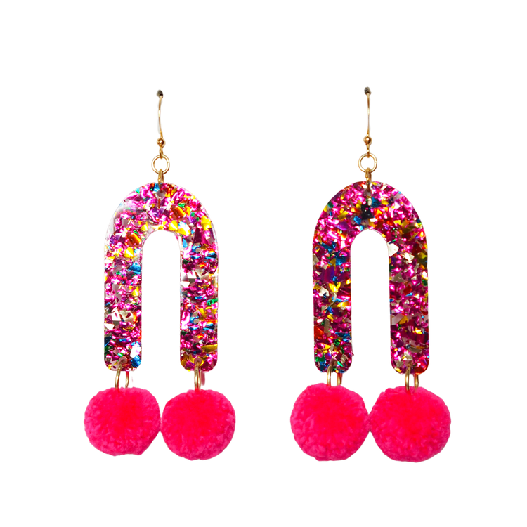 Rainbow Arch Pom Pom Earrings - Neon Pink Pom Poms - 1 READY TO SHIP