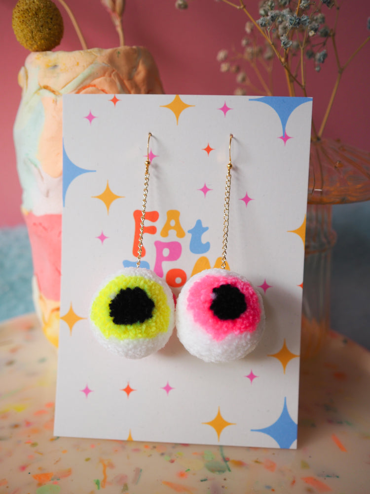 Fun Halloween Eyeball Earrings - Candy Pink & Fluorescent Yellow