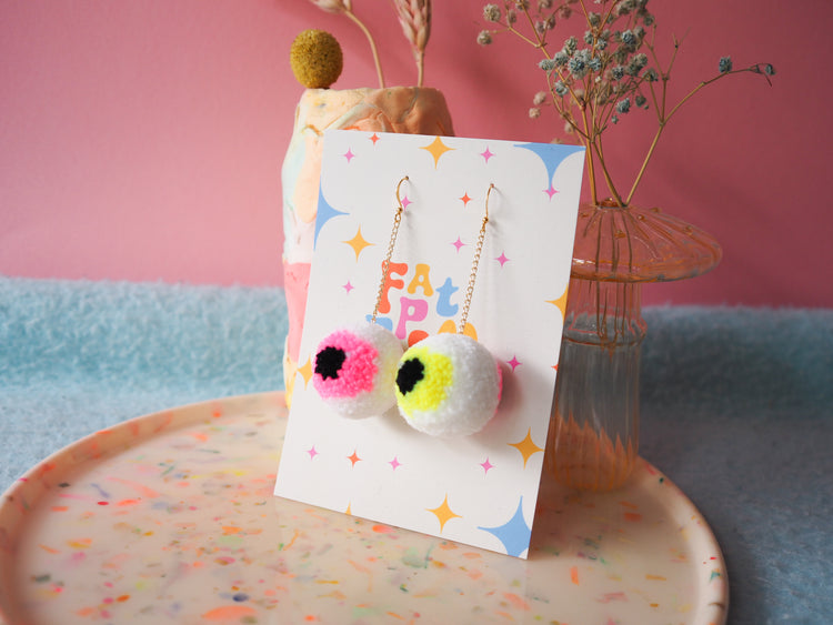 Fun Halloween Eyeball Earrings - Candy Pink & Fluorescent Yellow