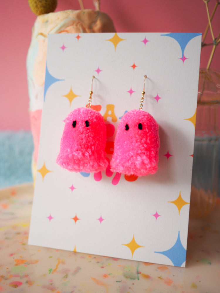 Candy Pink Halloween Ghost Pom Pom Earrings