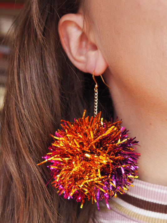 Copper, Pink & Purple Halloween Tinsel Pom Pom Earrings
