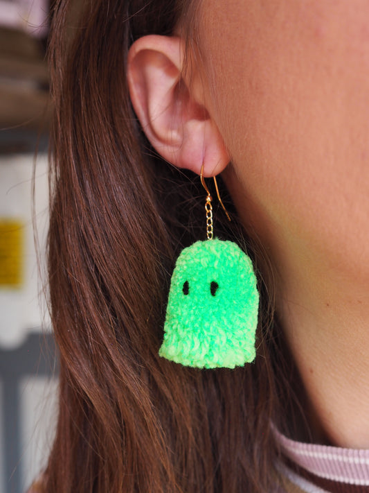 Neon Green Halloween Ghost Pom Pom Earrings