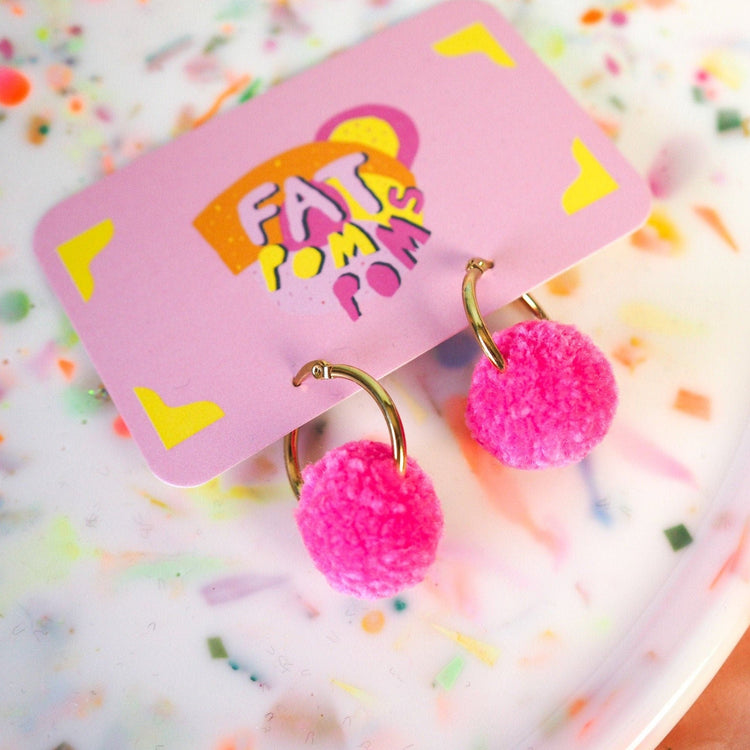 Candy Pink pom pom tiny hoop earrings