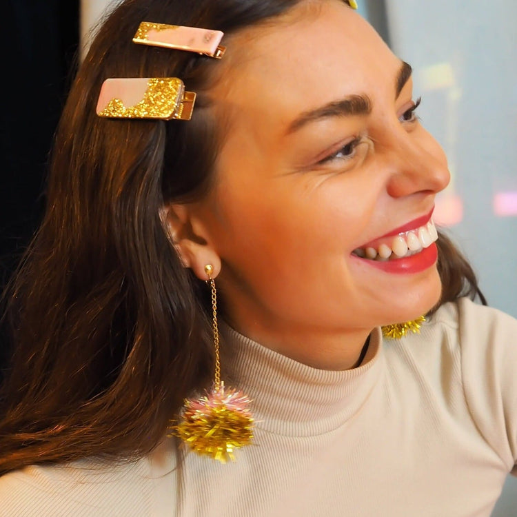 Coral & Gold mini tinsel earrings