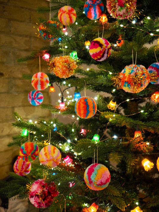 Set of Retro Inspired Pom Pom Bauble Decorations