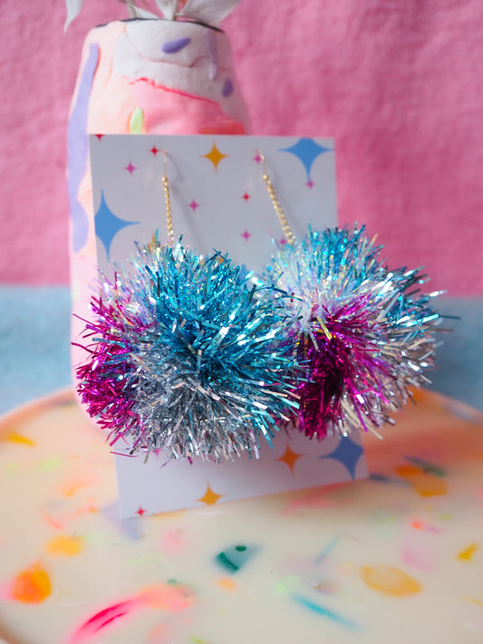 Blue, Silver, Iridescent & Pink Tinsel Pom Pom Earrings
