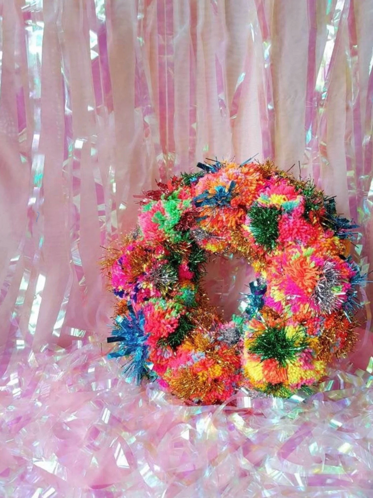 Rainbow Pom Pom Tinsel Wreath