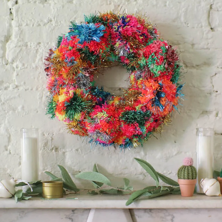 Rainbow Pom Pom Tinsel Wreath