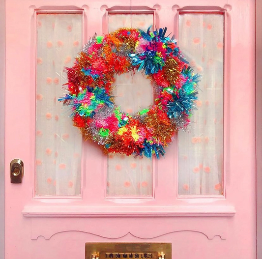 Rainbow Pom Pom Tinsel Wreath