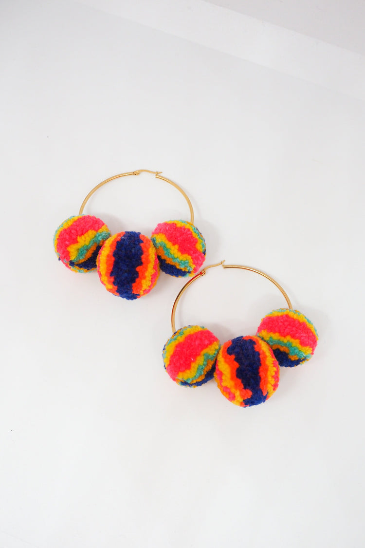 Multicolour Pom Pom Hoops Earrings