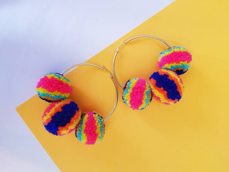 Multicolour Pom Pom Hoops Earrings