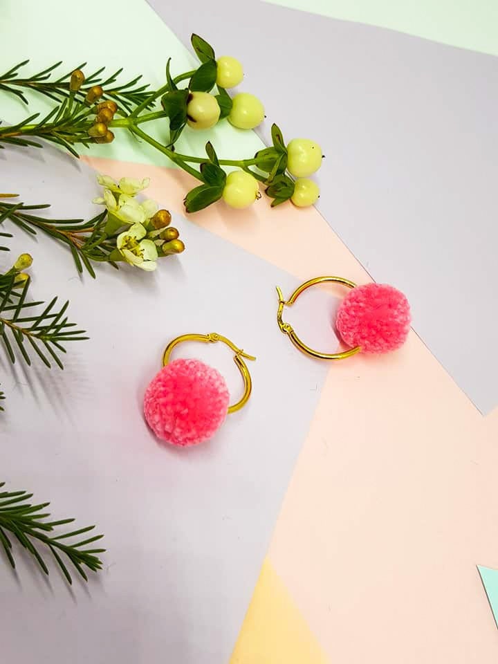 Candy Pink Pom Pom Tiny Hoop Earrings
