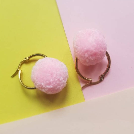 Pastel Pink Pom Pom Tiny Hoop Earrings