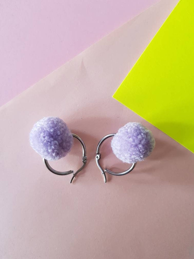 Lilac Pom Pom Hoop Earrings
