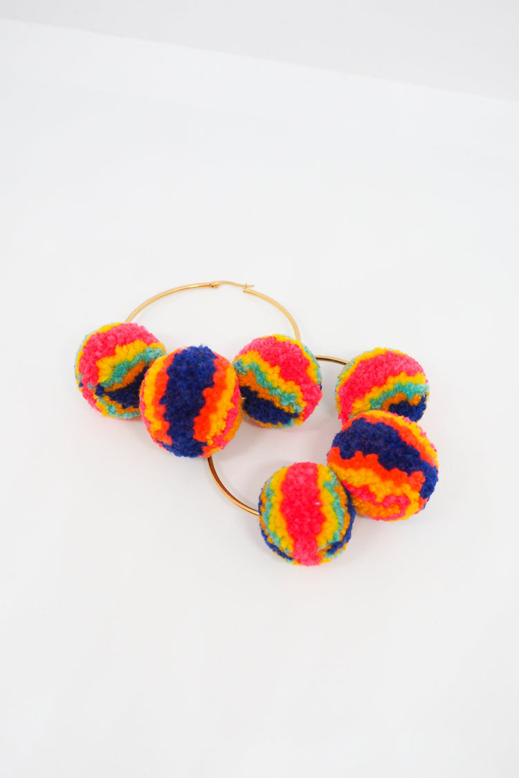 Multicolour Pom Pom Hoops Earrings