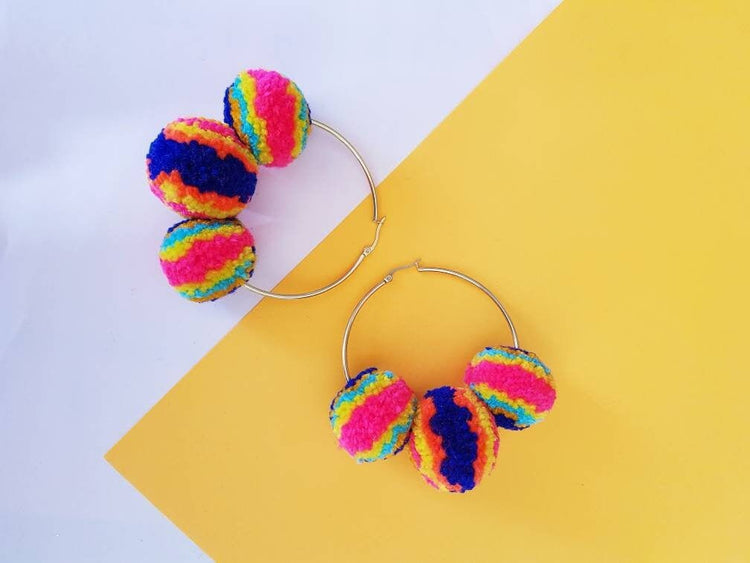 Multicolour Pom Pom Hoops Earrings